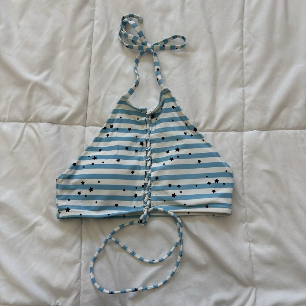 Aerie Womens Size Small Stars Stripes Lace‎ Up Bikini Top High Neck Blue White